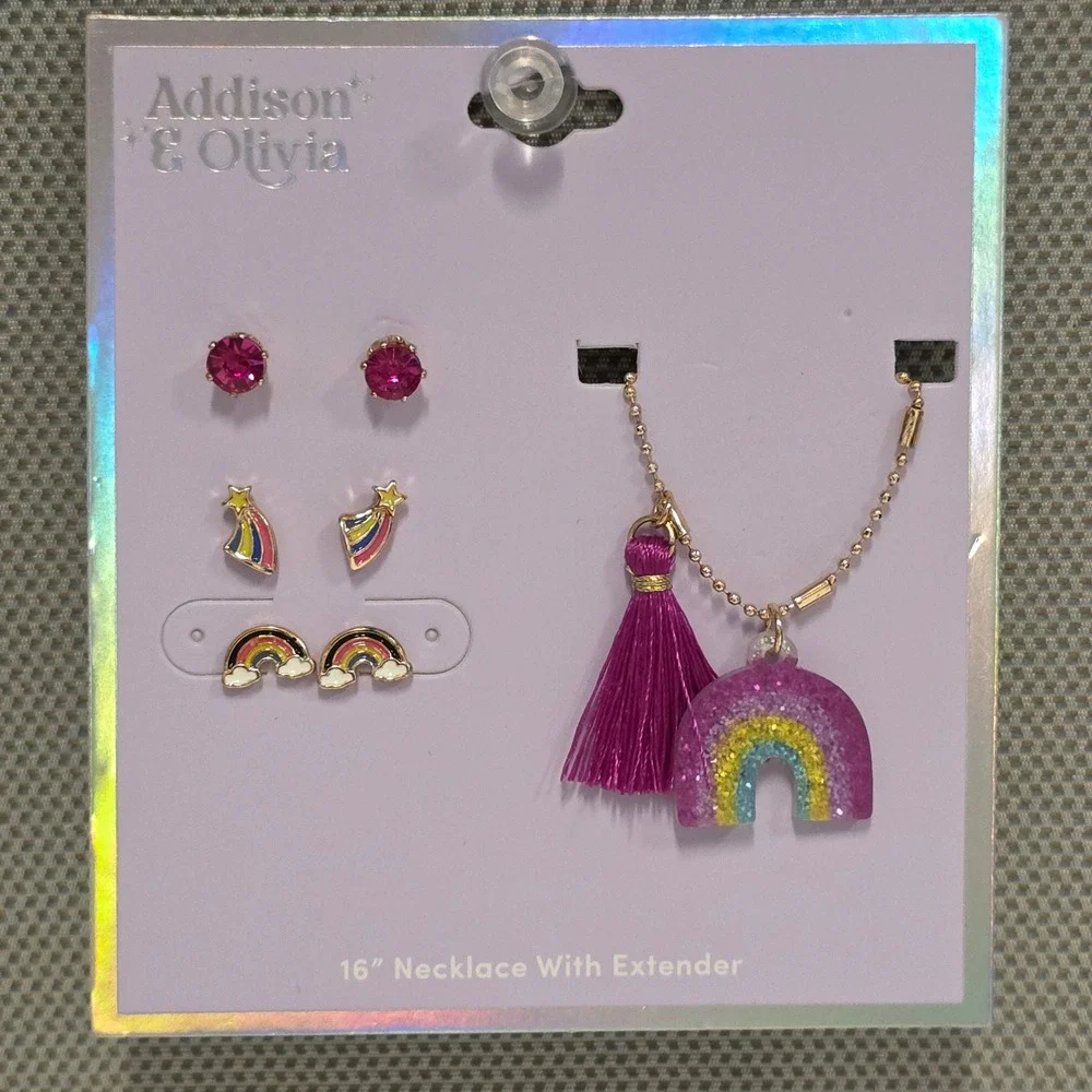 Addison & Olivia Kids Rainbow Jewelry Set Necklace 3 Pairs Earrings Pink Tassel